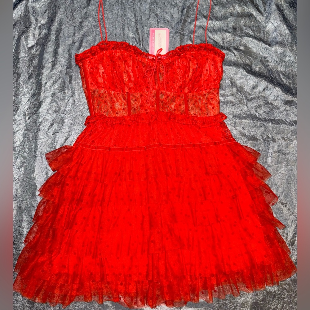Red lace ruffle dress